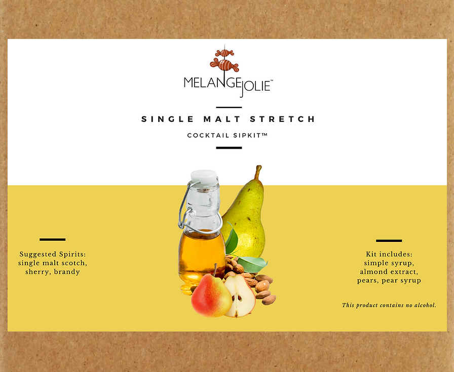 Mélange Jolie Single Malt Stretch Cocktail SipKit™ with rocks glass, bar spoon, cocktail picks, and ingredients for making cocktails.